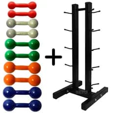 Kit Halteres Emborrachados Pares de 1Kg ao 5Kg com Suporte de Chão Preto