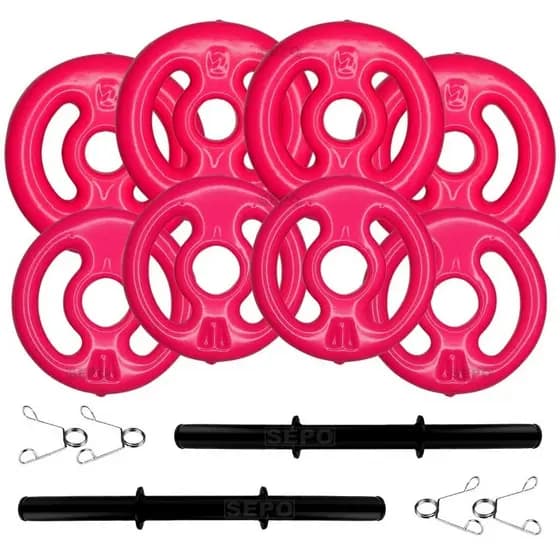Kit 12Kg Anilhas Emborrachadas Rosa com 2 Barras Pretas 40cm