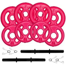 Kit 12Kg Anilhas Emborrachadas Rosa com 2 Barras Pretas 40cm