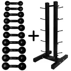 Kit Halteres Emborrachados Preto Pares de 1Kg ao 5Kg com Suporte de Chão Preto