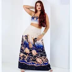 Conjunto Estampado Saia Longa Franzida Babado Moda Feminina Verão Fashion Praiana Tropical
