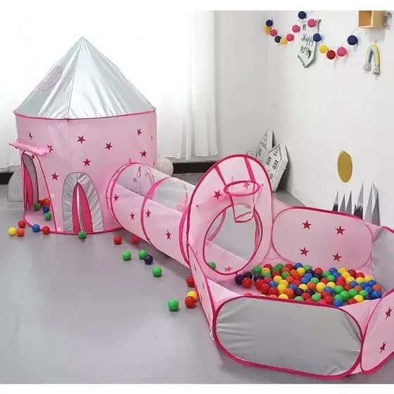 Barraca Tenda Túnel 3x1 Infantil Rosa Piscina Para Bolinha Astronautas Com Cesta Basquete Playground