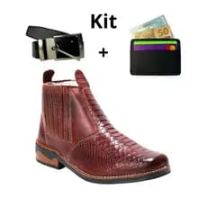 kit Botina Masculina Country de Couro Legítimo + Cinto e Carteira