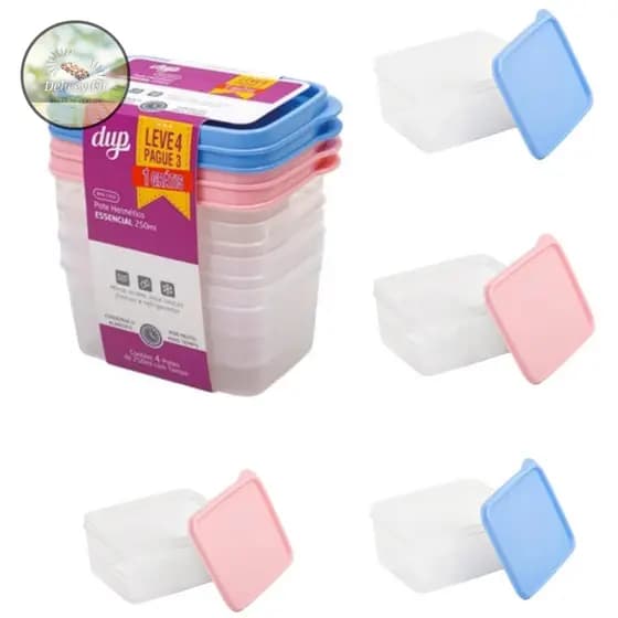 KIT 4 Potes Herméticos Essencial DUP 250ml Micro-Ondas Lava-Louças Freezer Bpa Free