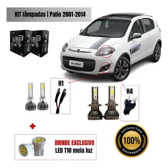 Kit Lampada Ultra Led Y3 Nano 22000 Lumens Fiat Palio 2001 A 2014 Alto Baixo Milha H4 / H1 forte
