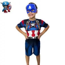 Roupa Do Capitão América Menino Curta Com Enchimento e Mascara De Plástico