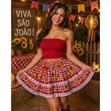 Saia Junina P ao Plus Size GG Feminina Girassol Quadriculada Vermelha Adulto Festa Junina Arraiá Manequim 48