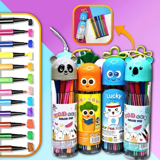 Estojo com 12 CORES de Canetinhas à base de Água para Pintar - Papelaria Fofa - Estojos Verticais Fofinhos