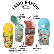 Garrafa squeeze Infantil com Tampa e Canudo em Silicone 500ml Bebe Criança Escola Água Suco Capivara