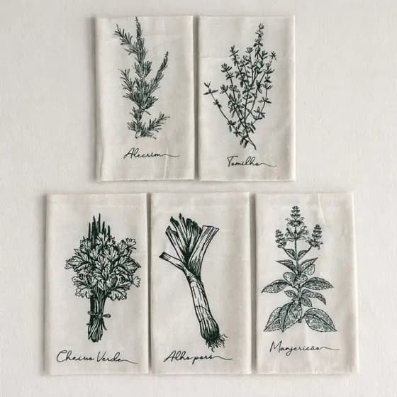 Kit 5 Panos de Prato Rústico Minimalista Grande Bege Estampado Tempero 100% Algodão 45x72cm-Sortido