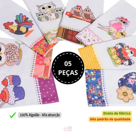 Kit Pano De Prato Encanto Bordado Patchwork 5 Unidades