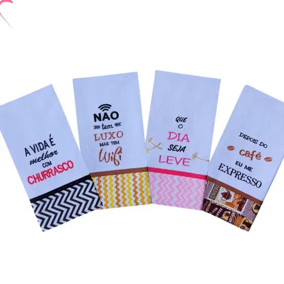 Kit 04 Panos De Prato Bordado Coleção Momentos 100% Algodão - Sortido