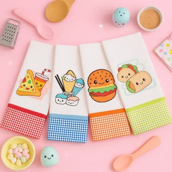 PANO DE PRATO BORDADO PATCHWORK SUSHI PIZZA LANCHE COMIDINHAS KAWAII CUTE FOFO 48 x 68cm - 4 peças