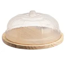 Boleira Redonda de Madeira Pinus com Tampa Plástica Transparente Porta Bolos Pães Tortas