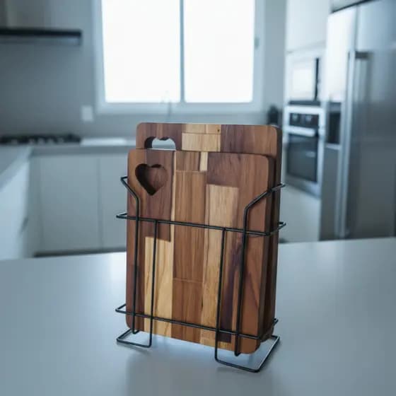Conjunto 2 Tábuas de Corte com Suporte em Metal Preto Cozinha Gourmet Moderna