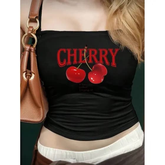Blusa tomara que caia cereja Top tube feminino estampa cherry estiloso blogueira
