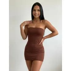 Mini Vestido Marrom Tomara Que Caia Minimalista Peça Coringa Versátil Confortável de Luxo Caimento Impecável para Festas
