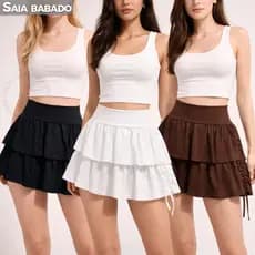 Saia Babado Curta Godê Laço Camadas Elegante Moda Feminina Camadas Preto Marrom Ou Branco Soltinha