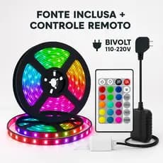 Fita LED 2835/3528 5M RGB Flexível Multicolor com Fonte e Controle Remoto Decoração Casa