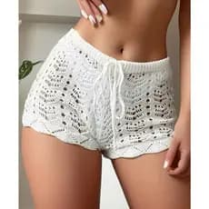 Short Saída de Praia Feminino Moda Verão Tricot Estilo Ponto Crochê Rendado Ajuste Cordão
