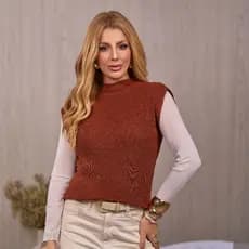 Colete Feminino Tricô Ponto Fang Gola Alta Com Fenda Lateral Inverno Sobreposição Elegante