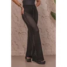 Calça Saída de Praia Lisa Tricot Crochê Tendência Moda Praia Ajustável Cordão