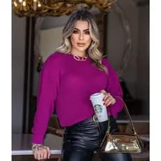 Blusa de Frio em Tricot de Lã Feminina Manga Longa Ponto Fang Gola Canoa Coleção Inverno 2026