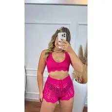 Conjunto Saída De Praia Tricô Feminino Verão 25 Shorts e Top Trançado nas Costas Crochê Tendência