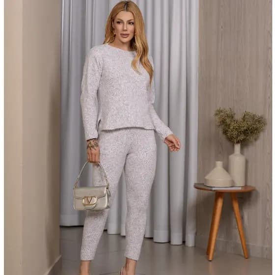 Conjunto Feminino Tricot Mousse Calça Jogger E Blusa Manga Longa Gola Redonda Inverno Aerolook