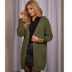 Casaco Cardigan Alongado Feminino Tricot Manga Longa Decote V Texturizado Moda Inverno Elegante