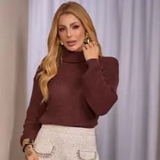 Blusa Feminina Tricot Gola Alta Ponto Fang Manga Longa Inverno Cacharrel Roupa Feminina