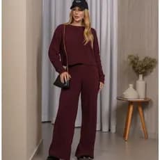 Conjunto Tricot Inverno Feminino Mousse Calça Pantalona Blusa Manga Longa Roupa Feminina Elegante