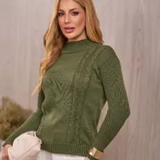 Blusa Feminina Tricô Trança Gola Alta Manga Longa Inverno Cacharrel Canelada Elegante