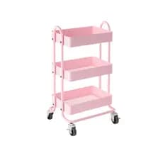 Carrinho Auxiliar Com Rodizio Para Lavandeira Salão Manicure 3 Prateleiras de Metal Cor Rosa