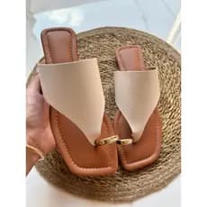 Rasteira Sandália Rasteirinha Elegante Feminino Mula OFF bege Com Anel de Dedo Dourado Do 33 ao 44
