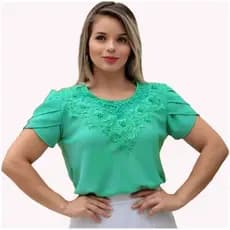 Blusa Camisa Verde Água Claro Detalhe em Pérolas Pedrinha Manga Curta Renda Social Evangélica Romântica Congresso Igreja