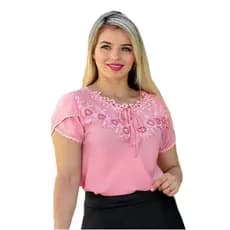Blusa Camisa Rosa Rose Claro Manga Curta Renda Social Pérola Bolinha Moda Evangelica Laço Lacinho Romantica Congresso
