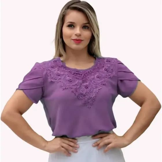 Blusa Lilás Roxo Lavanda Camisa Detalhes em Pérolas Pedrinha Renda Social Evangélica Social Congresso Igreja Fardamento
