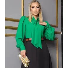 Blusa Camisa Verde Bandeira Laço Gravatinha Manga Longa Com Botão Bufante Princesa Renda Social Romântica Evangelica