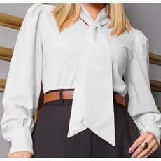 Blusa Camisa Branca Laço Gravatinha Manga Longa Botão Bufante Princesa Renda Social Romântica Moda Evangelica Congresso