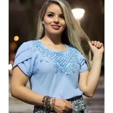 Blusa Camisa Azul Celeste Claro Manga Curta Renda Social Feminina Evangélica Cristã Social Bordada Congresso Romântica
