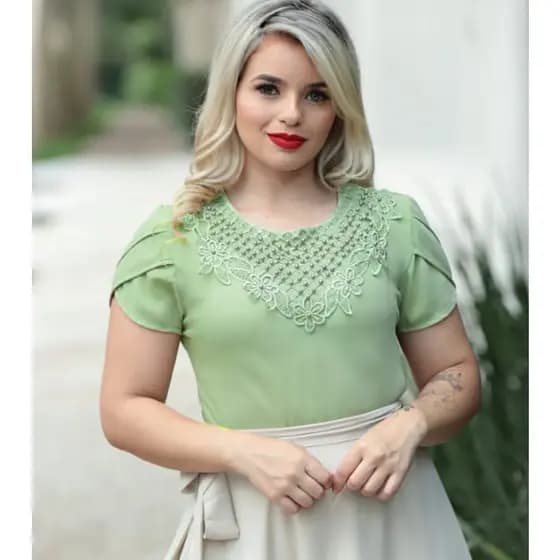 Blusa Camisa Verde Oliva Menta Manga Curta Renda Social Feminina Evangélica Cristã Social Bordada Congresso Romântica
