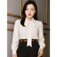 Blusa Camisa Branca Coreana Dorama K-Pop Korea Laço Gravatinha Manga Longa Evangélica Renda Social Trabalho Congresso