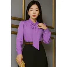 Blusa Camisa Lilás Lavanda Roxa Coreana Dorama K-Pop Korea Laço Gravatinha Manga Longa Evangélica Renda Social Trabalho