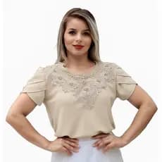 Blusa Camisa Bege Off White Areia Detalhes em Pérolas Pedrinha Renda Social Moda Evangélica Congresso Igreja Fardamento