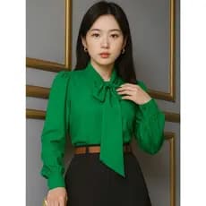 Blusa Camisa Verde Bandeira Coreana Dorama K-Pop Korea Laço Gravatinha Manga Longa Evangélica Social Trabalho Congresso