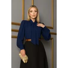 Blusa Camisa Azul Marinho Laço Gravatinha Manga Longa Com Botão Bufante Princesa Renda Social Romântica Evangelica