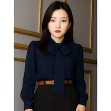 Blusa Camisa Azul Marinho Coreana Dorama K-Pop Korea Laço Gravatinha Manga Longa Evangélica Social Trabalho Congresso
