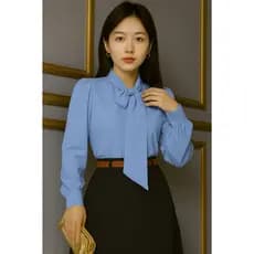 Blusa Camisa Azul Bebê Claro Coreana Dorama K-Pop Korea Laço Gravatinha Manga Longa Evangélica Renda Social Congresso