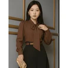 Blusa Camisa Marrom Café Coreana Dorama K-Pop Korea Laço Gravatinha Manga Longa Evangélica Social Trabalho Congresso